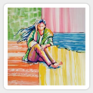 Girl on the beach, the soft breeze blows on her face Sticker